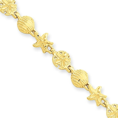 Gold Scallop Shell Bracelet - 14k Yellow Gold Starfish, Shell and Sand Dollar Bracelet - 7 Inch