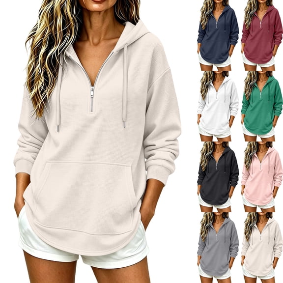YOIAVAIOY Hoodies for Women Quarter Zip Hooded Oversized Drawstring Sweatshirts Fall Casual Jacket Solid Color Lightweight Fall Pink M