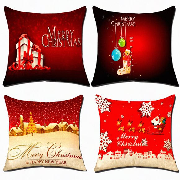 Modern Linen Cushion Covers Set - 18x18 Inch Decorative Throw Pillow Cases for Sofa, Bed & Car (4Pcs, Red) - Square Cotton Pillow Covers