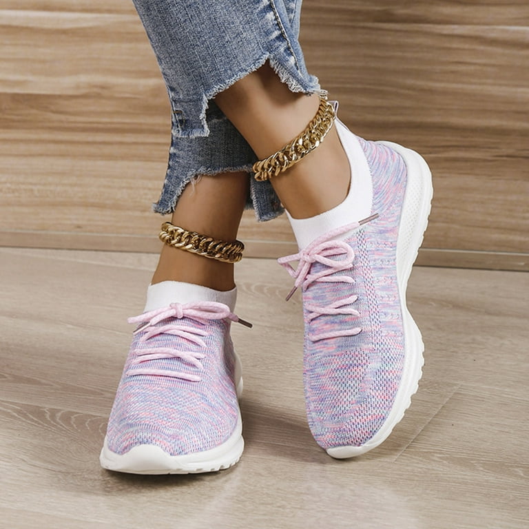Ladies Fashion Colorblock Mesh Breathable Lace Up Soft Bottom Flat