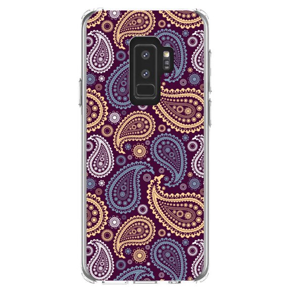 DistinctInk Clear Shockproof Hybrid Case for Samsung Galaxy S9+ PLUS (6.2" Screen) - TPU Bumper, Acrylic Back, Tempered Glass Screen Protector - Purple Yellow Blue Paisley