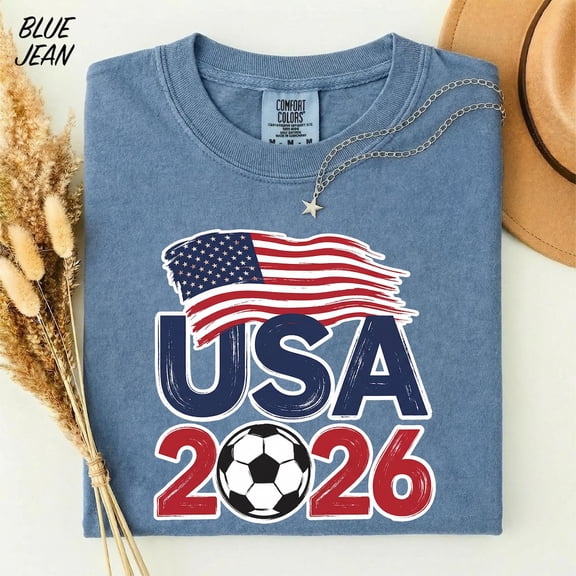 VibeNest Studio Unisex USA 2026 Soccer Ball American Flag Patriotic Sports Fan Garment Dyed Graphic T-Shirt