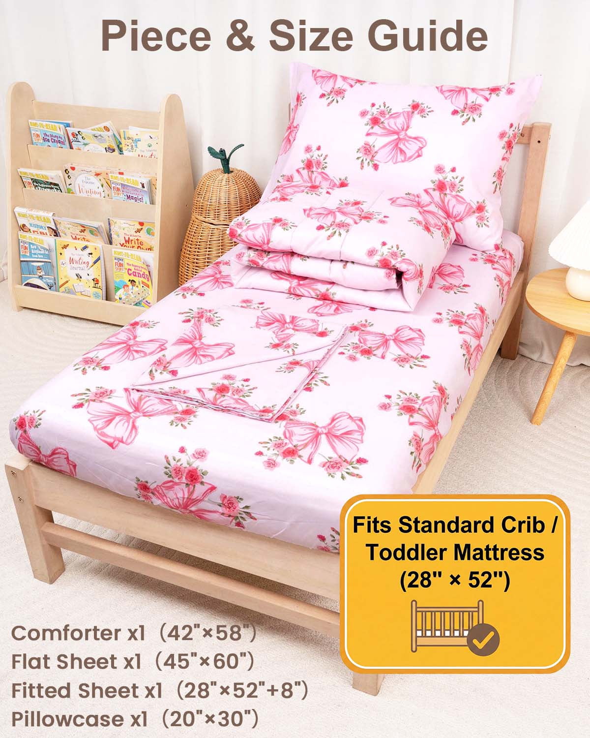 Beavtaens 4 Piece Toddler Bedding Set, Breathable and Soft Baby Sheet Set, Includes Quilted Comforter, Flat Sheet, Fitted Sheet and Pillowcase for Girls