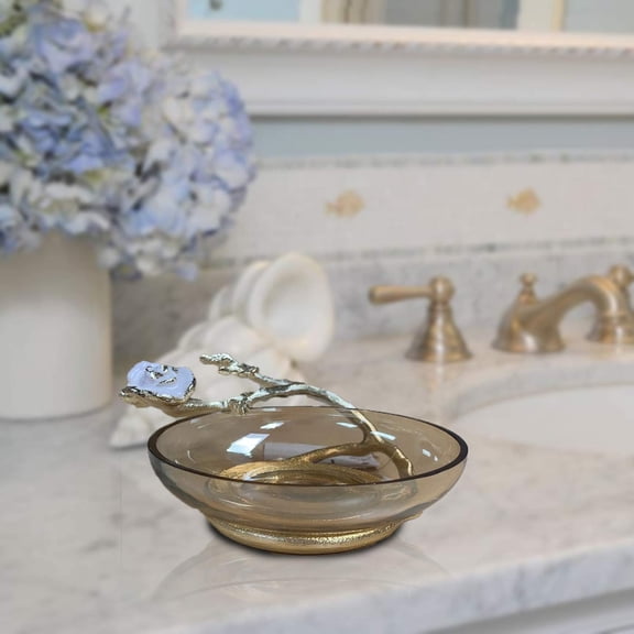 Bathroom Soap Dish - Decorative Glass and Aluminum Dish for Scrubbers Sponges Shower Kitchen Bath Decor Accessory Countertop Vanity Housewarming Gift