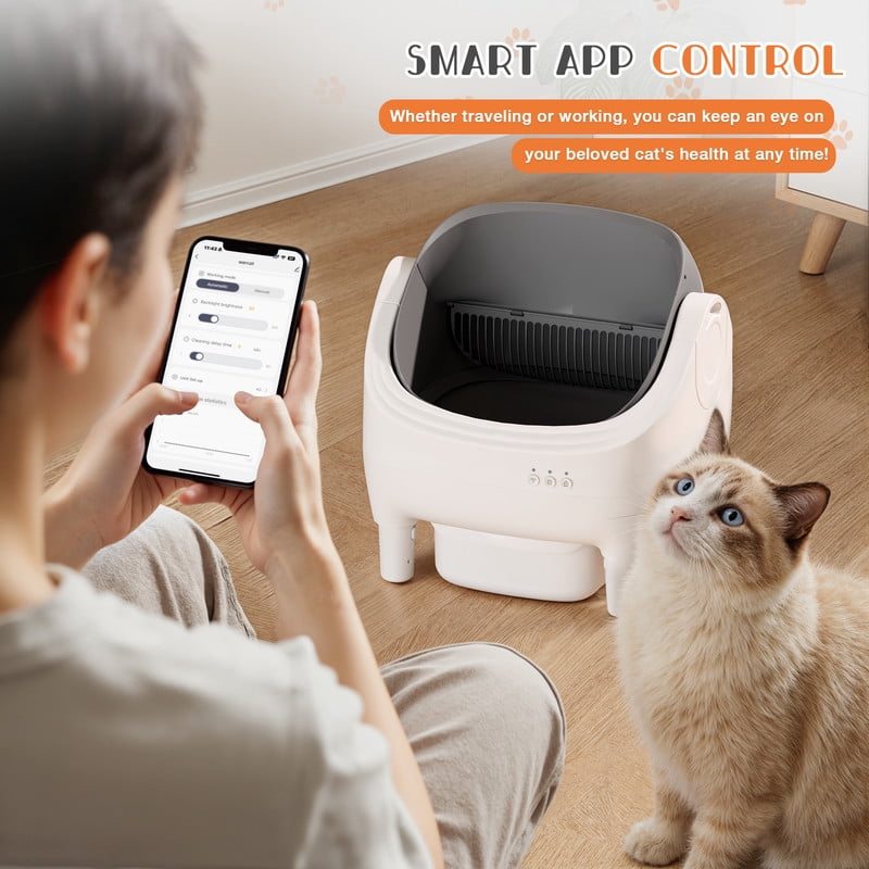 Homall Automatic Self-Cleaning Cat Litter Box – Large Open-Top Design for Multi-Cat Families, Integrated Safety Protection, Includes Trash Bags, Gray