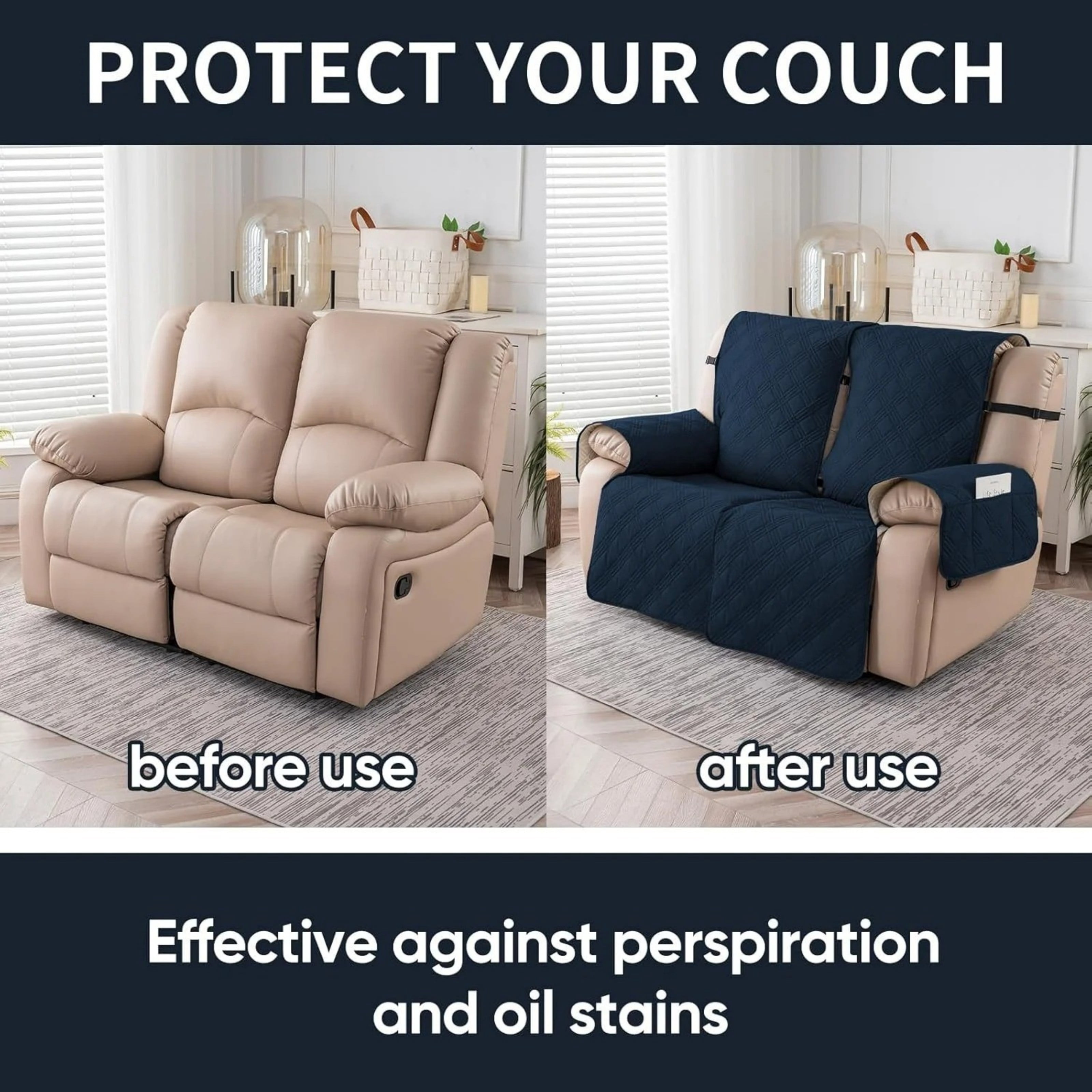 Lavish Cover 100% Waterproof Recliner Loveseat Cover, 2 Pieces Non-Slip Recliner Couch Slipcovers, Washable Furniture Protector with Pockets & Elastic Straps for Kids Pets, 2 Seaters, Dark Blue