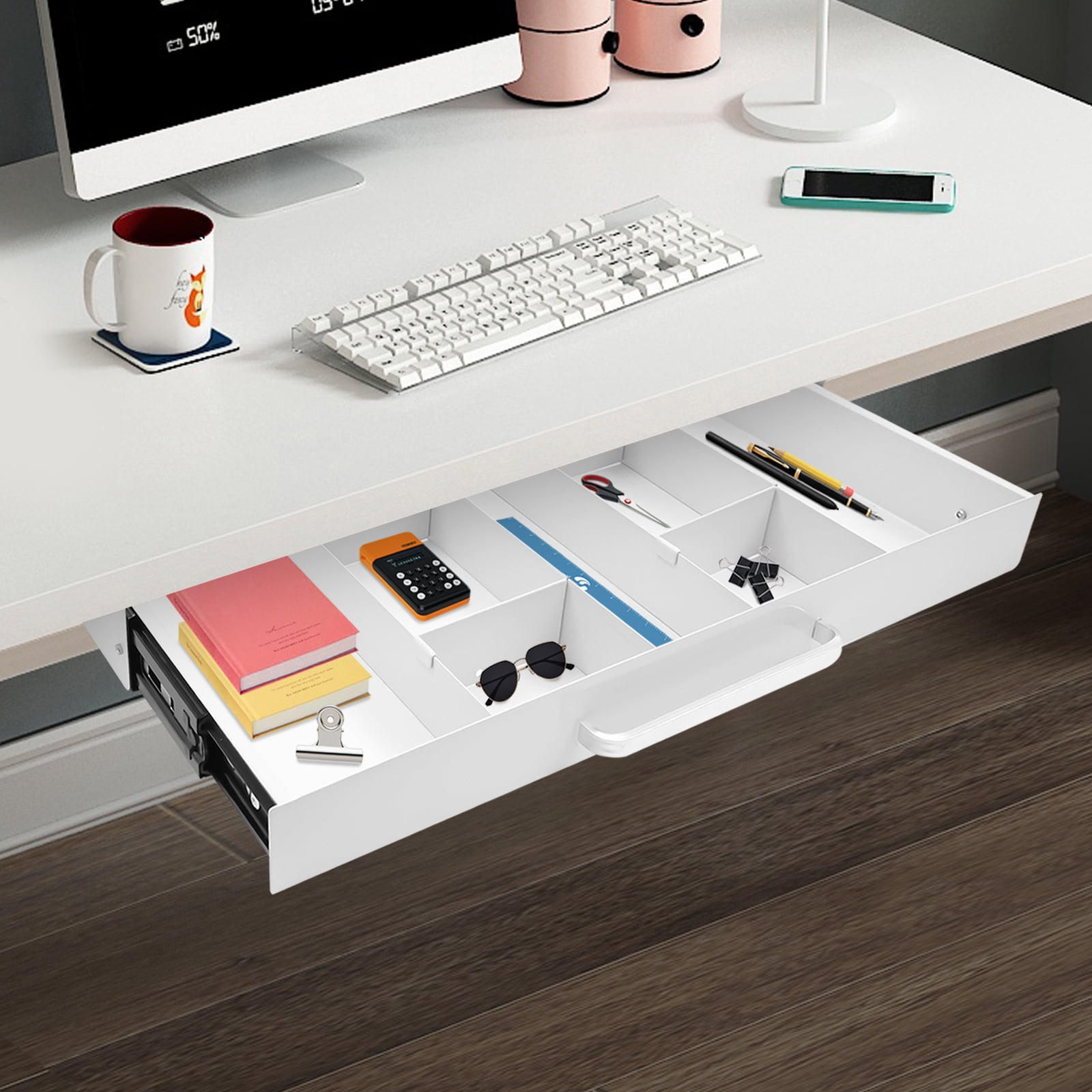 White Under Desk Mounted Sliding Pull-out Drawer, Drawer Storage Organizer for Standing Desks, Pull-out Drawer Iron