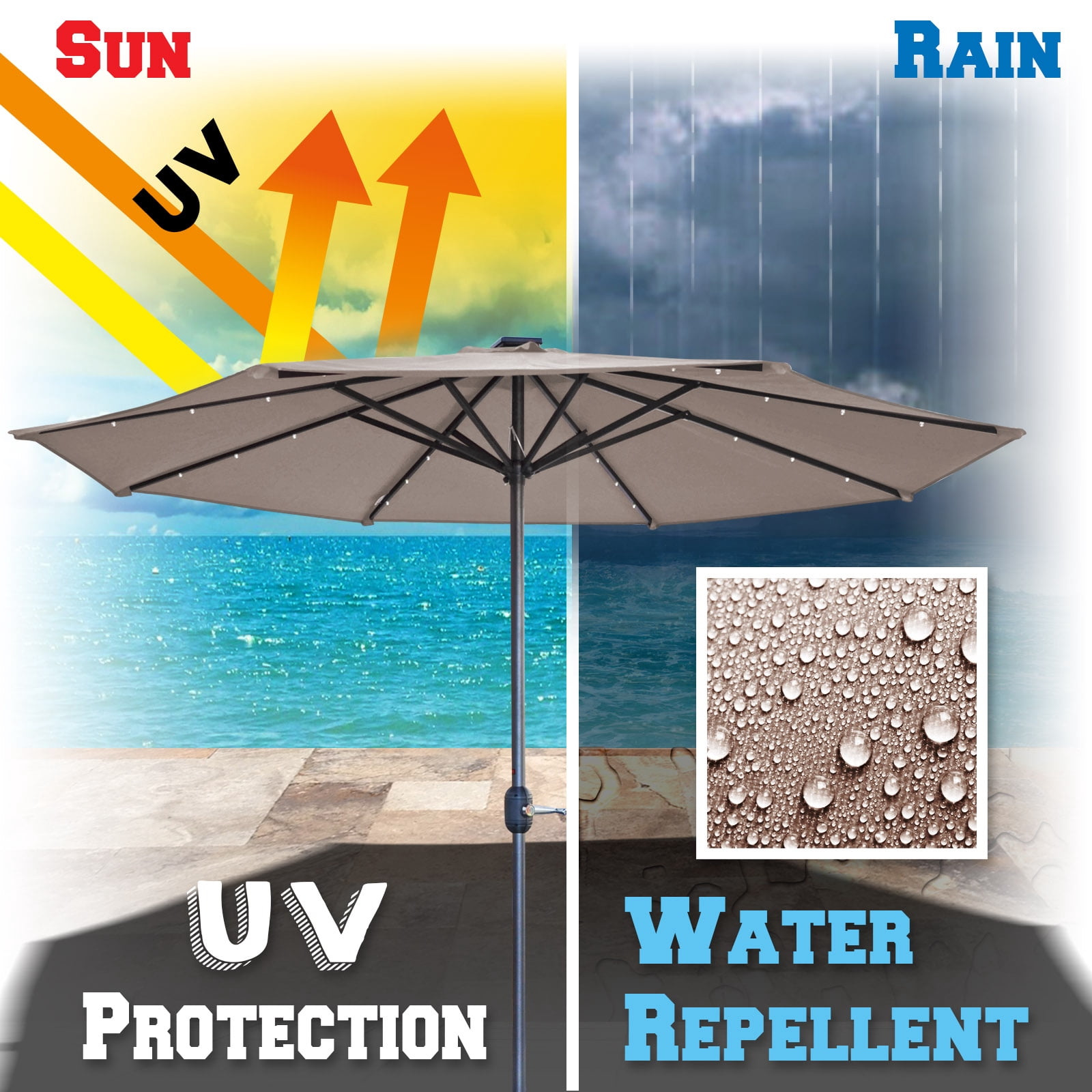 Sunny 9' Aluminum Solar Powered Patio Umbrella 24 LED Light Parasol Sunshade with Crank (Taupe)