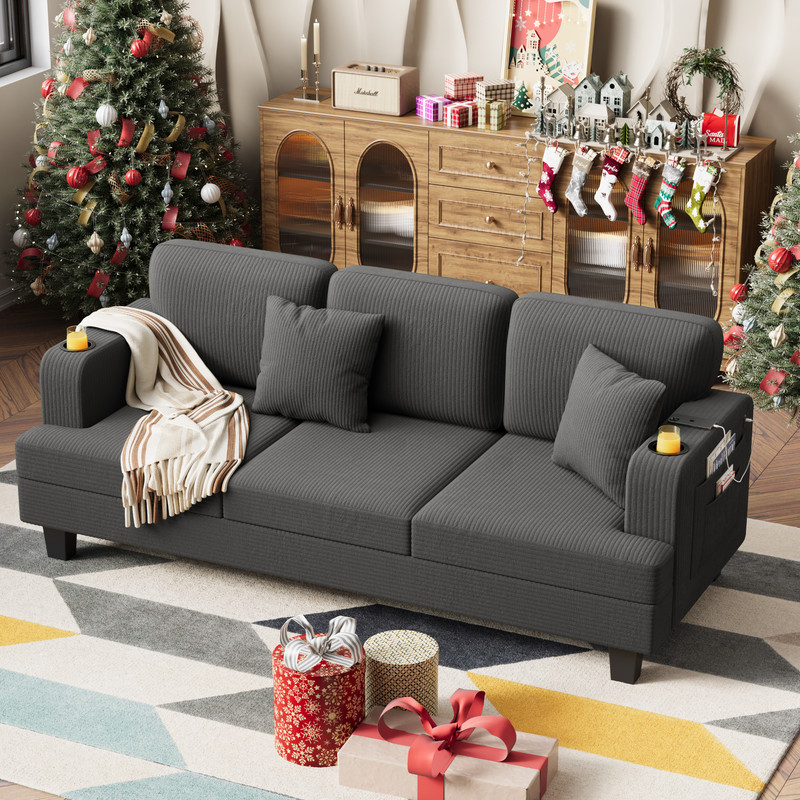 Homall 84''W Modern Sofa 3 Seat Adult Corduroy Couch with Wide Armrest Fabric Couch with USB Charging Ports for Living Room, Gray
