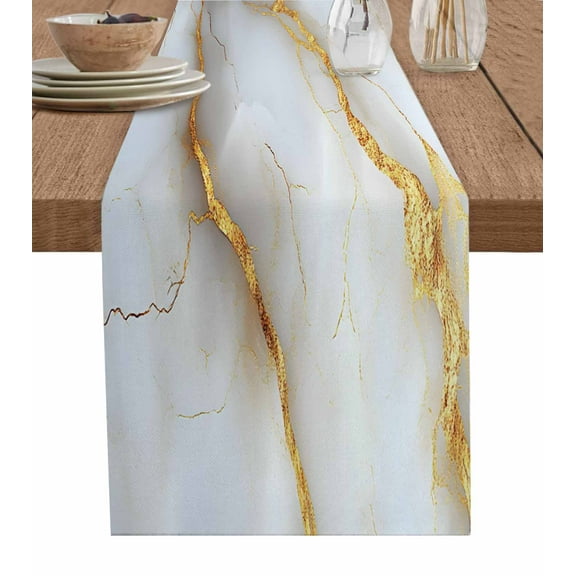 White Gray Marble Table Runner Cotton Linen 72 Inch Holiday Dresser Scarves, Modern Abstract Golden Texture Art Tablerunner for Kitchen Coffee Dining Bedroom Living Room Dinner Scarf Décor 13''x72''