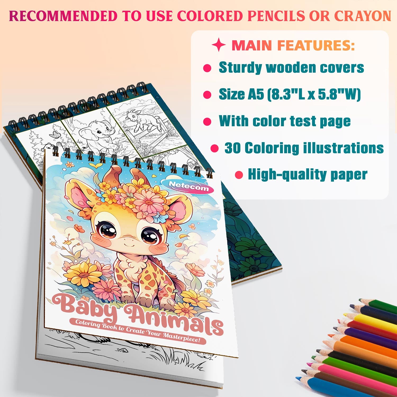 Netecom Baby Animals Coloring Book Spiral Bound for Adults, A5 Wooden Cover, 30 Adorable Coloring Pages of Little Animals for Stress Relief and Relaxation