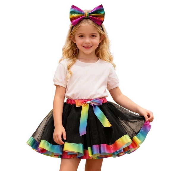 WOYY Little Girls Party Rainbow Tutu Skirt Ballet Dance Puffy Tulle Skirt with Headband, Sizes 6-8