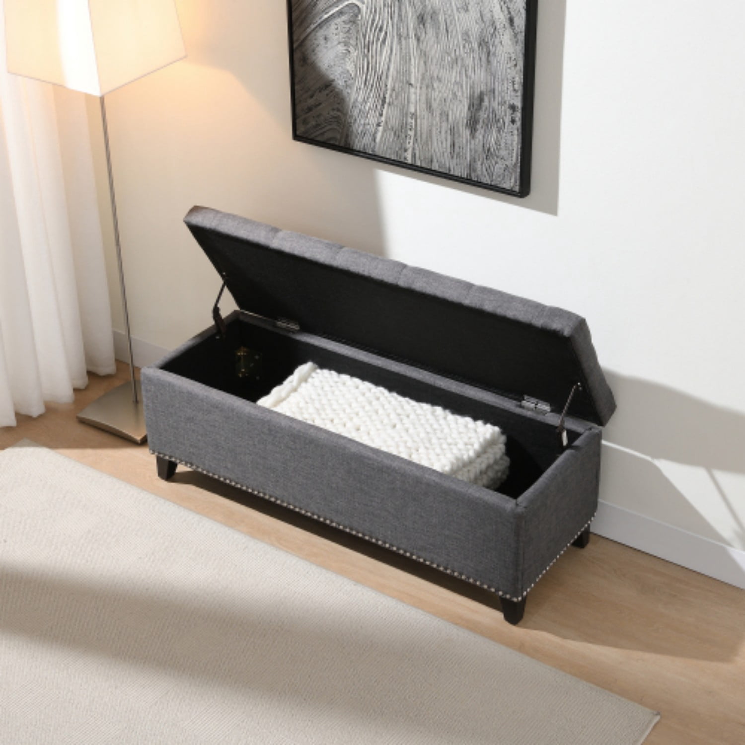 47.5" Storage Ottoman Bench with Safety Hinge, Linen Tufted Storage Bench for Bedroom, Entryway, Living Room, End of Bed Bench, Dark Gray