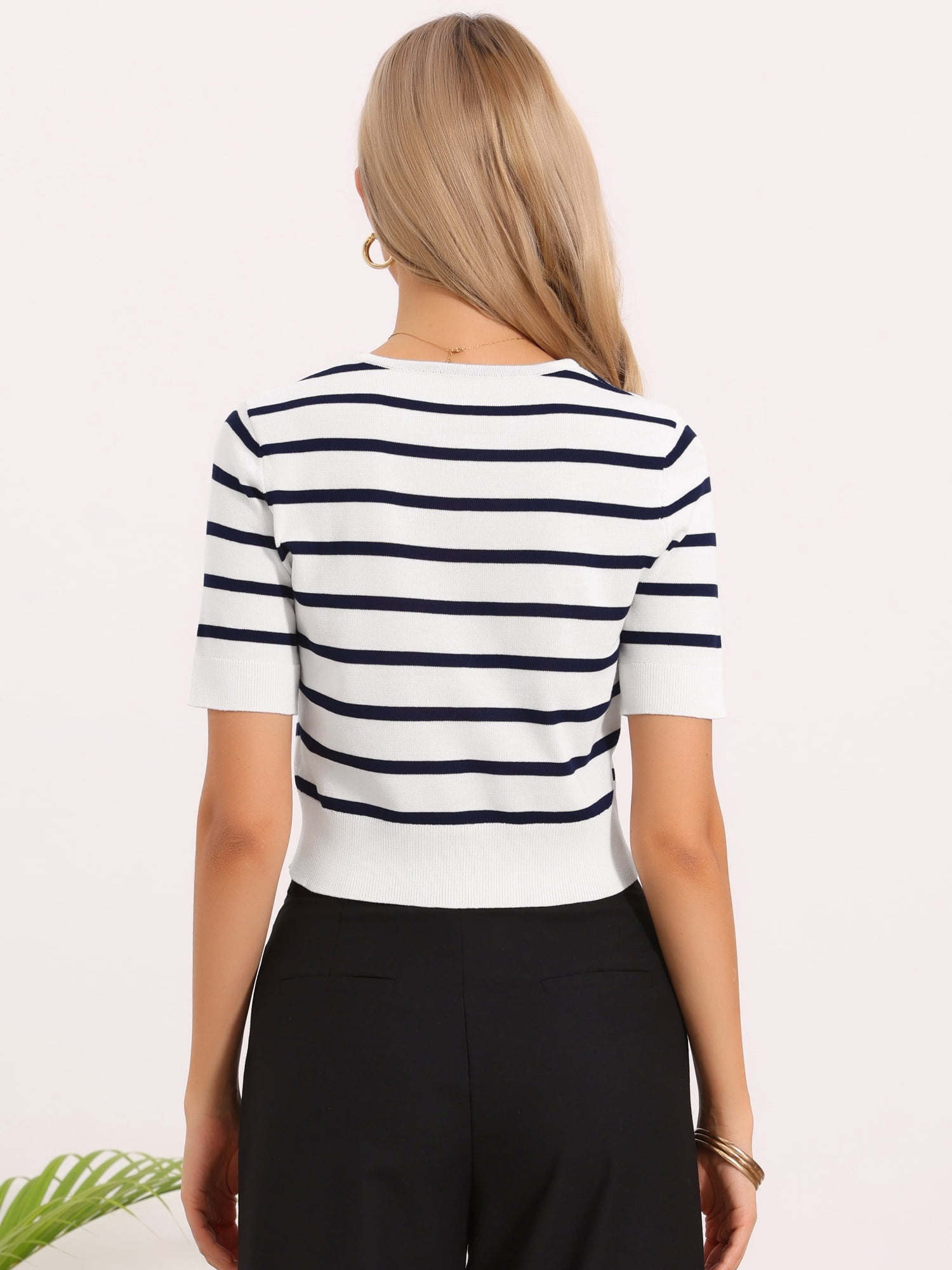 DARING DIVA Women's Short Sleeve Striped Crew Neck T Shirts S Navy Striped