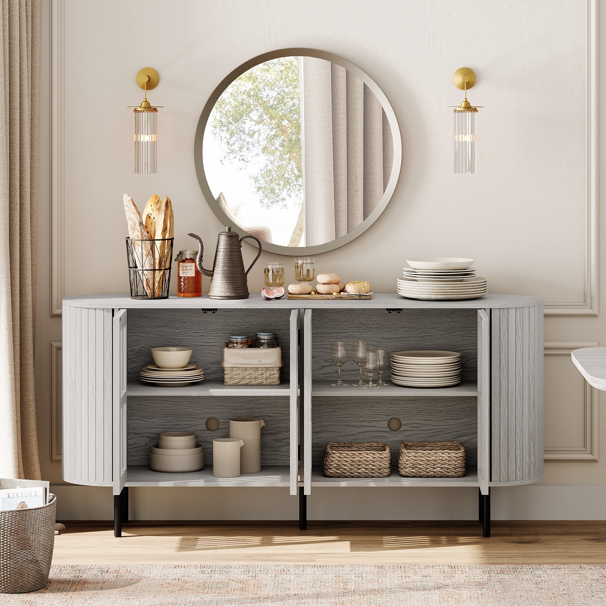 WAMPAT Modern Sideboard Buffet Cabinet with Storage, Wooden Accent Storage Cabinet with 4 Fluted Doors, Credenza with Curved Design for Dining Room, Living Room, Kitchen, White Washed