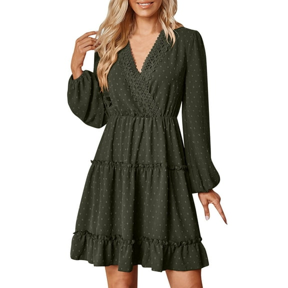Women's Long Sleeve V Neck Jacquard Dress Elegant Waist Narrow Skirt Casual Flowy Comfortable Stylish Feminine Outfit