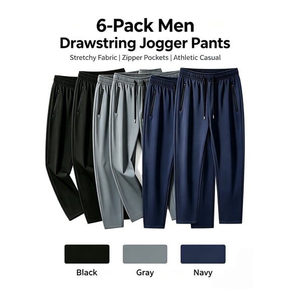 Men's Drawstring Jogger Pants, Stretchy Quick Dry Athletic, 6-Pack