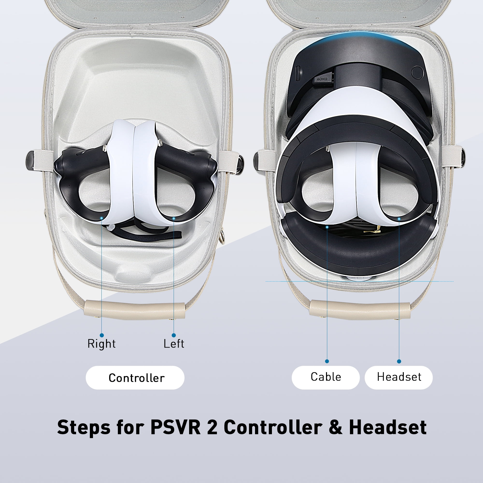 All-In-One PSVR2 Headset, PlayStation VR2 Sense controller (L) / (R) with  attached straps, Portable Hard Shell Travel Case Gray, Stereo headphones