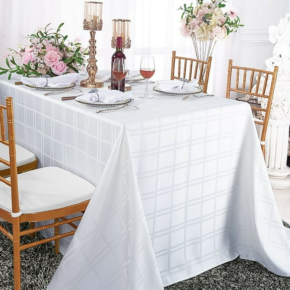 Wedding Linens Inc. 90"x132" Plaid Checkered Pattern Design Polyester Jacquard Rectangular Seamless Linen Tablecloth Table Covers Linens - White