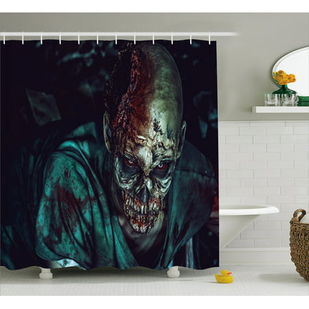 Zombie Shower Curtain, Man Shot in Head with Bloody Details Fearful Monster Design Vampire Fantasy Print, Fabric Bathroom Set with Hooks, 69W X 75L Inches Long, Multicolor, by Ambesonne