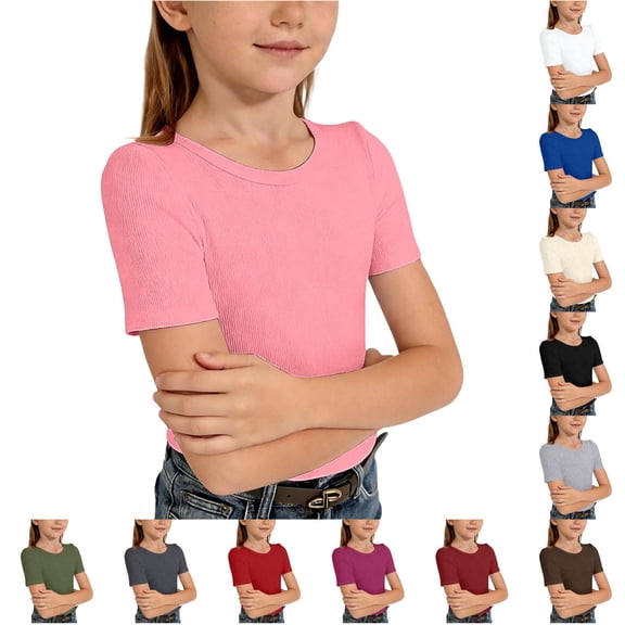 WhouRiu Girls Ribbed Knit Basic Tees Kids Solid Color Short Sleeve Crew Neck Tshirt Comfortable Cute Casual Summer T Shirts,13-14 Years
