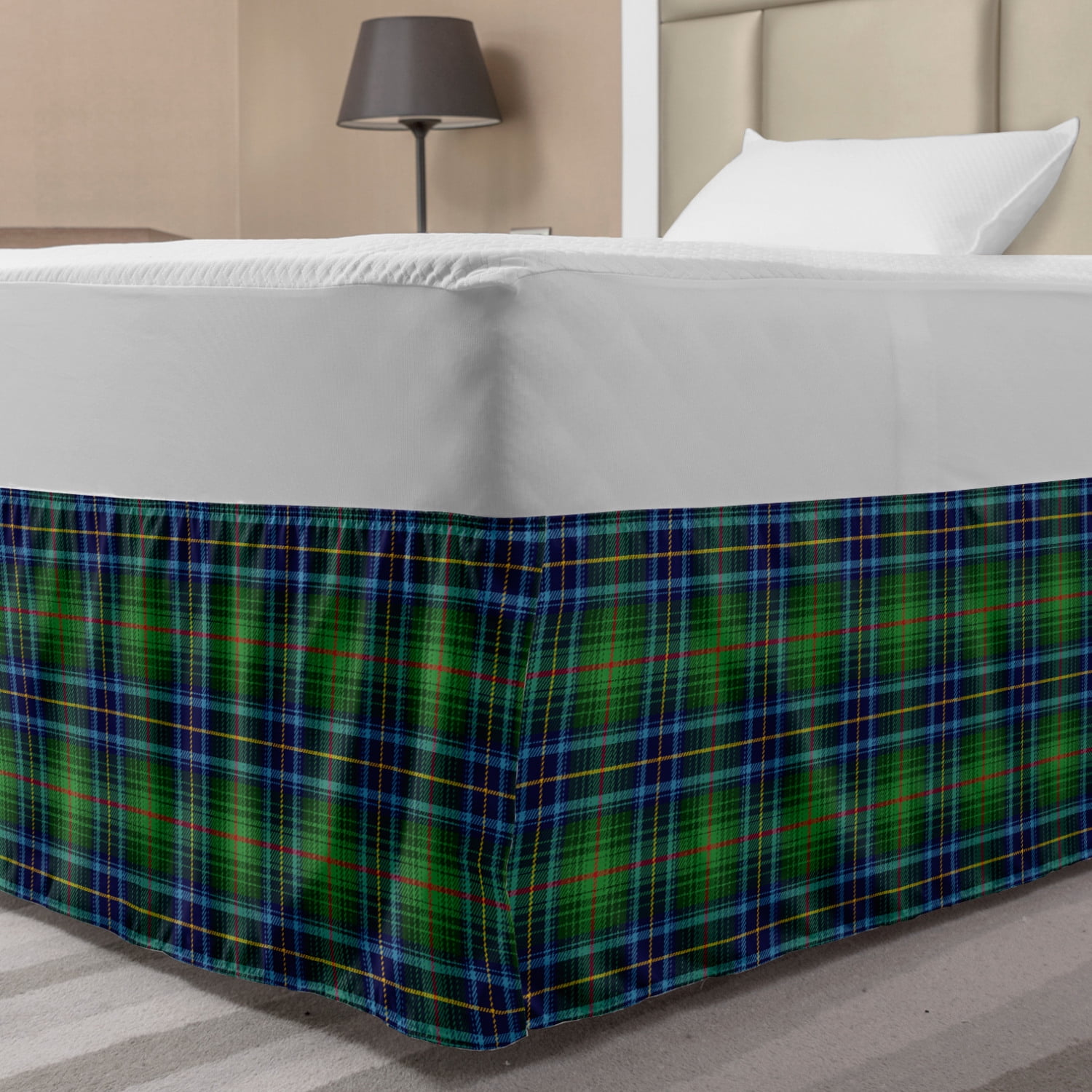 Plaid Bed Skirt, Grunge Looking Vibrant Colored Scottish Folkloric