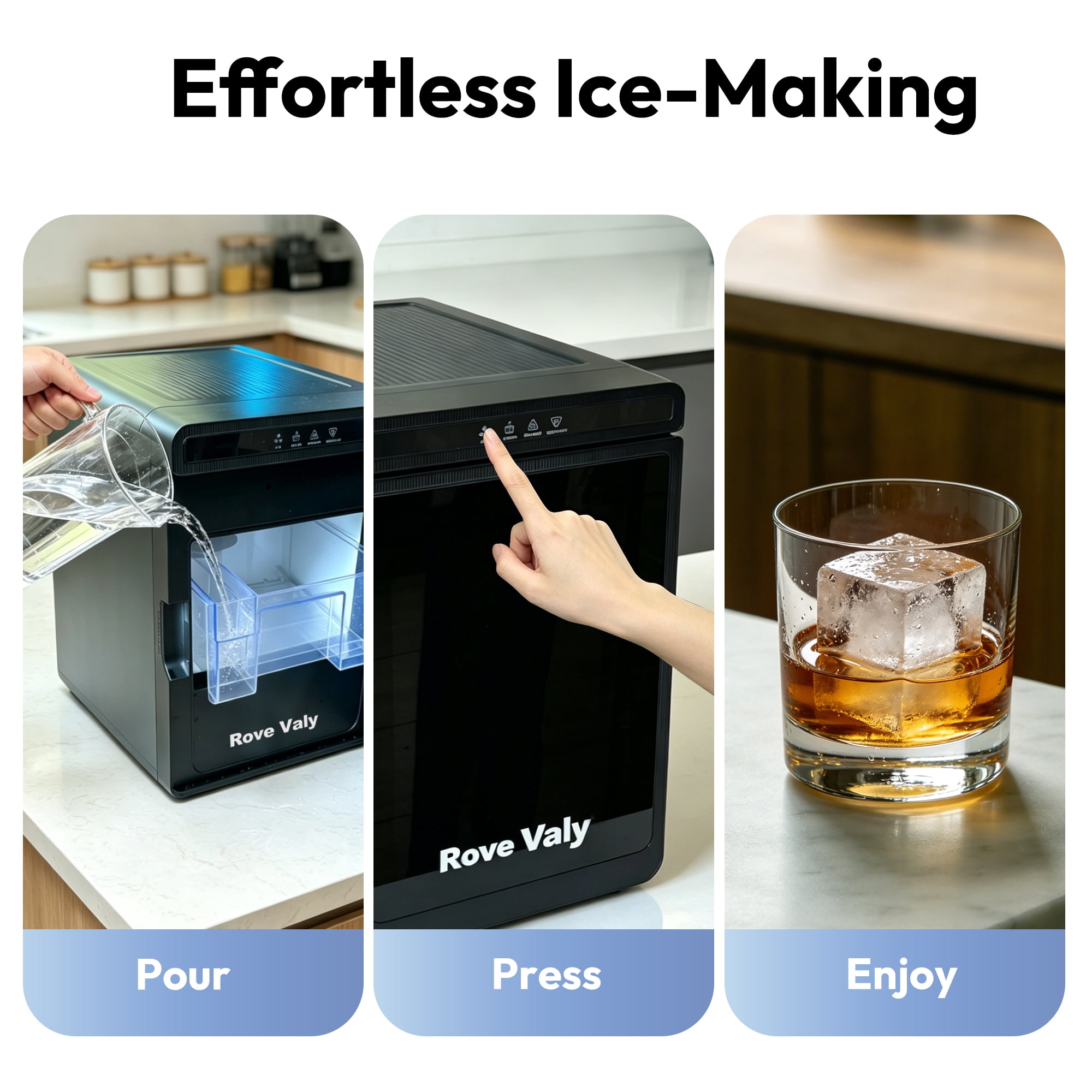 Rove Valy Clear Ice Machines Countertop,3 Large Square Ice Cubes for Home Bar & Kitchen