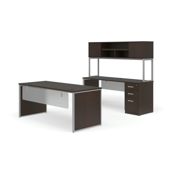 OFM Fulcrum Series Office Furniture Set, 72" Table Desk, 72" Credenza, Lateral 3-drawer Filing Cabinet, Hutch, Modesty Panel, Leg Panels, in Espresso