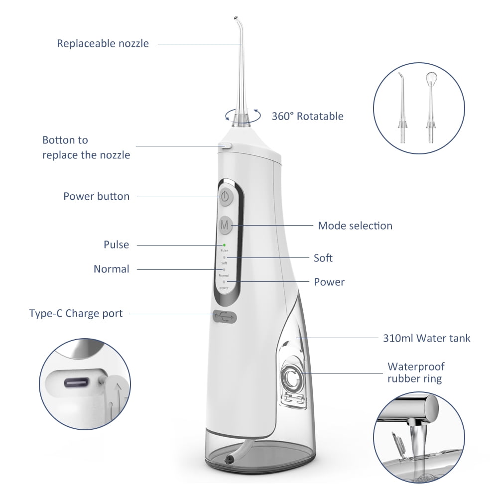 YEVYO Cordless Water Flosser Rechargeable, 4 Cleaning Modes, 310ml Water Tank, IPX7 Waterproof, Portable Water Dental Pick for Braces & Adults - White