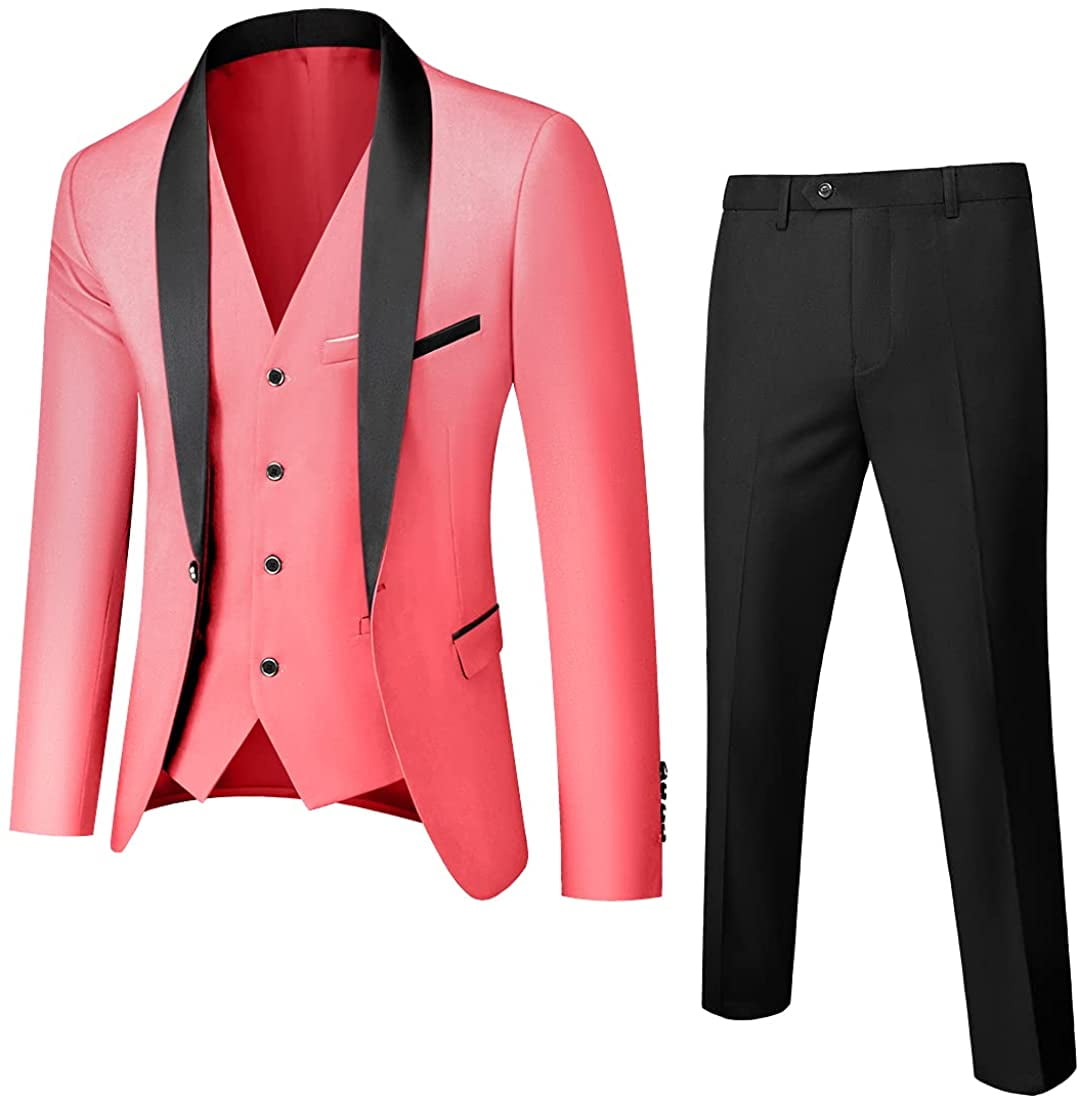 Mens 3PCS Suit Tuxedo Shawl collar Blazer Jacket Vest Pants One Button Formal L 