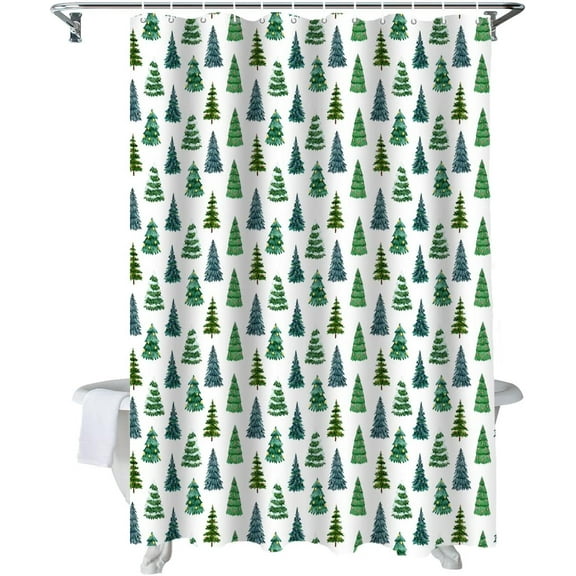 Christmas Shower Curtain Christmas Tree Shower Curtains for Bathroom Decor Green Pine Tree Christmas Decoration Bath Curtains Sets with Hooks Waterproof, 72x84 in