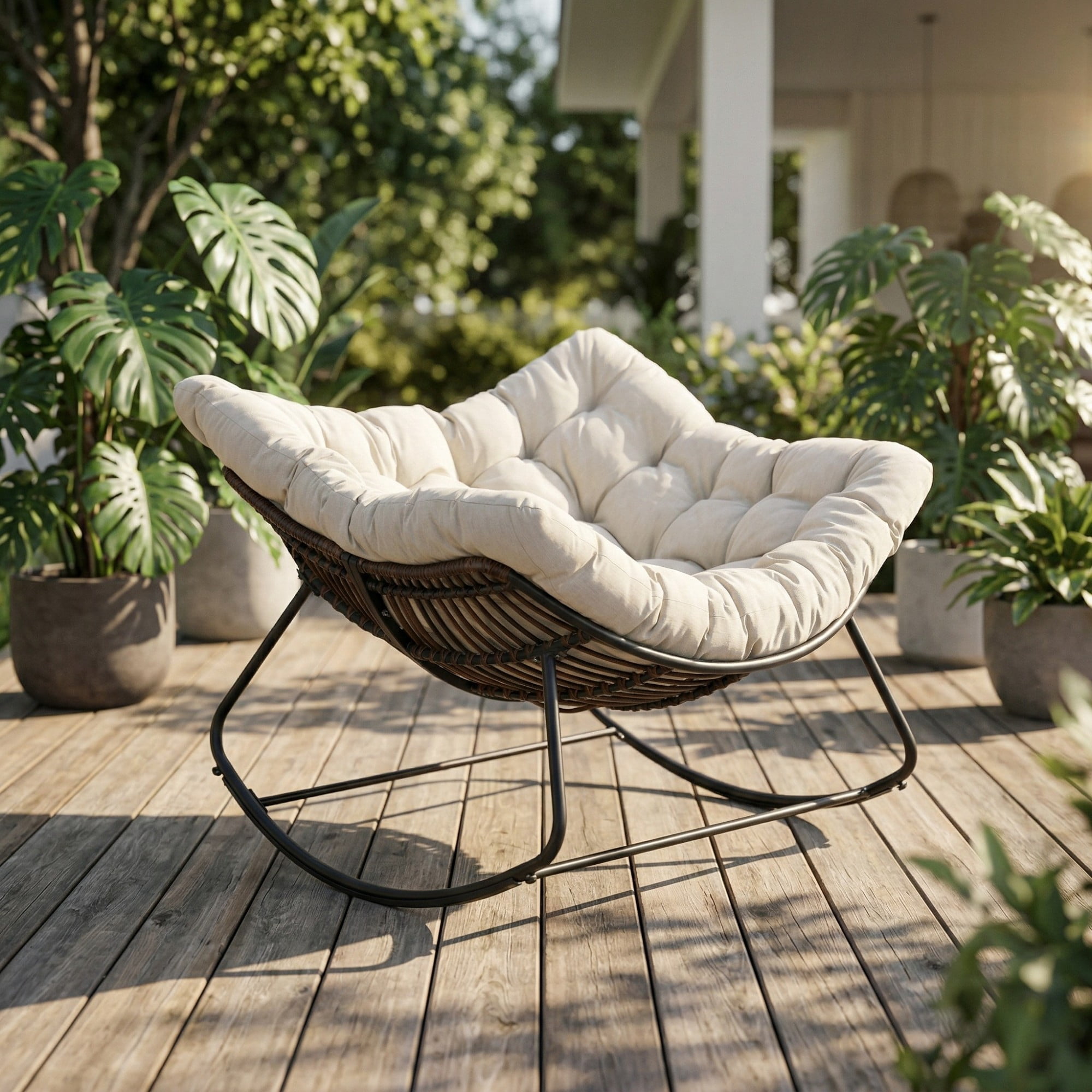 Outdoor Papasan Rocking Chair Oversized, Rattan Egg Rocker Chair with Padded Cushion, 400lbs Patio Wicker Rocking Chair for Living Room Porch Backyard, Beige