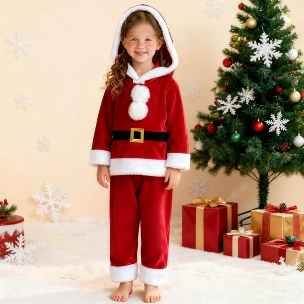 Conjunto de sudadera con capucha de manga larga para niños. El traje de Papá Noel de invierno es un divertido conjunto de sudadera con capucha de manga larga y pantalones para niños. Poliéster para ni