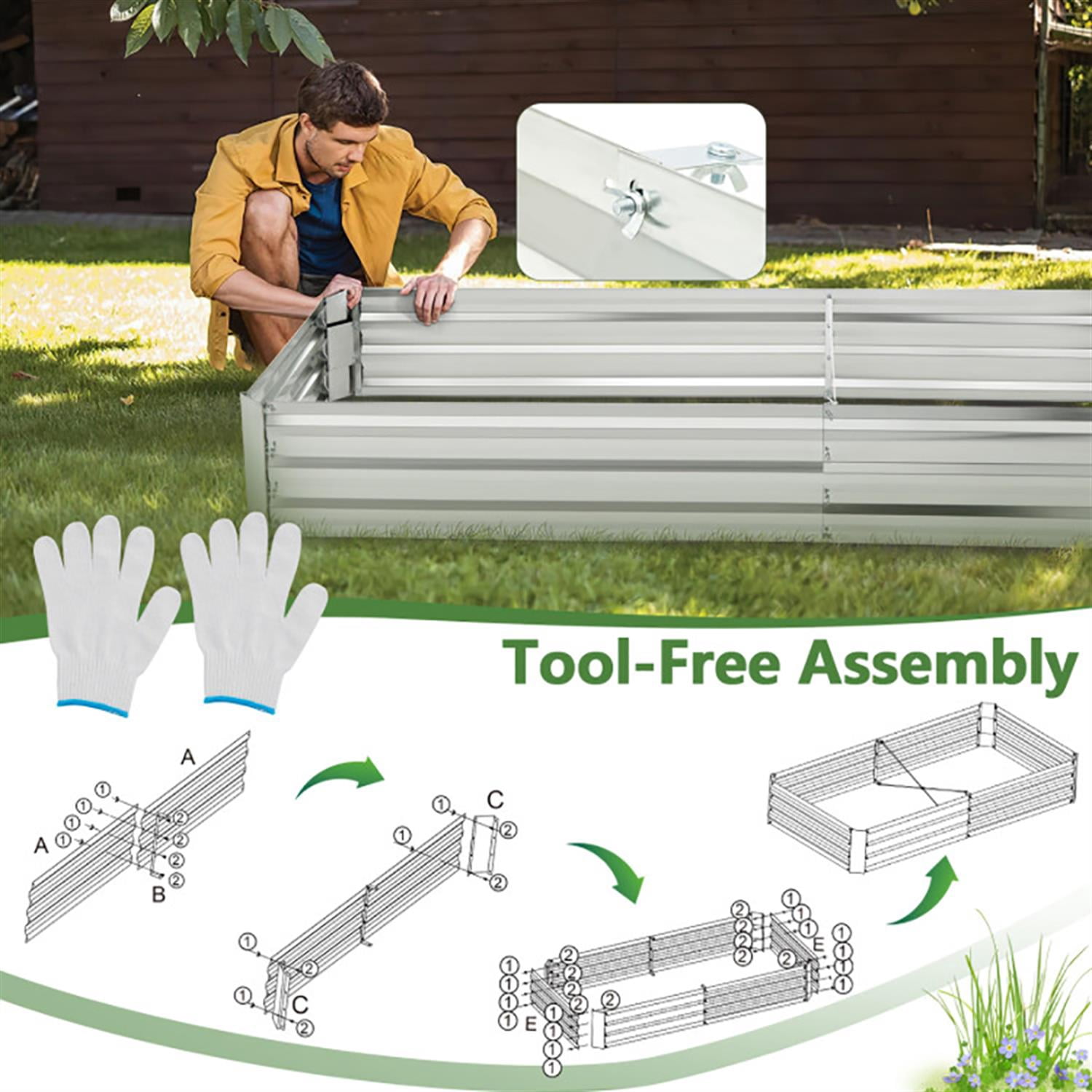 Spaco 8 x 4 Feet Galvanized Raised Garden Bed with Open-Ended Base, Elevated Planter Box Stand for Patio, Lawn, Yard, Balcony, Silver