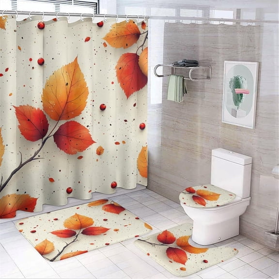 Bathroom Rugs Sets 4 Piece with Shower Curtain sets, Autumn Leaf Pattern Printed on Bathroom Accessories Sets Complete, Great for Master Bath Beach House Modern Home, 72 x 72 inches