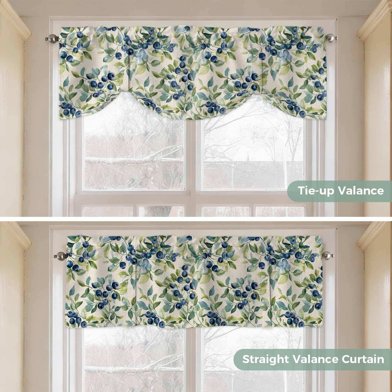 Blue Blueberry Tie Up Valance for Windows, Green Leaf Pastoral Plant Vintage Linen Adjustable Rod Pocket Tie Up Valance Curtains Window Treatment for Kitchen Bathroom Bedroom 60 X 18 Inch