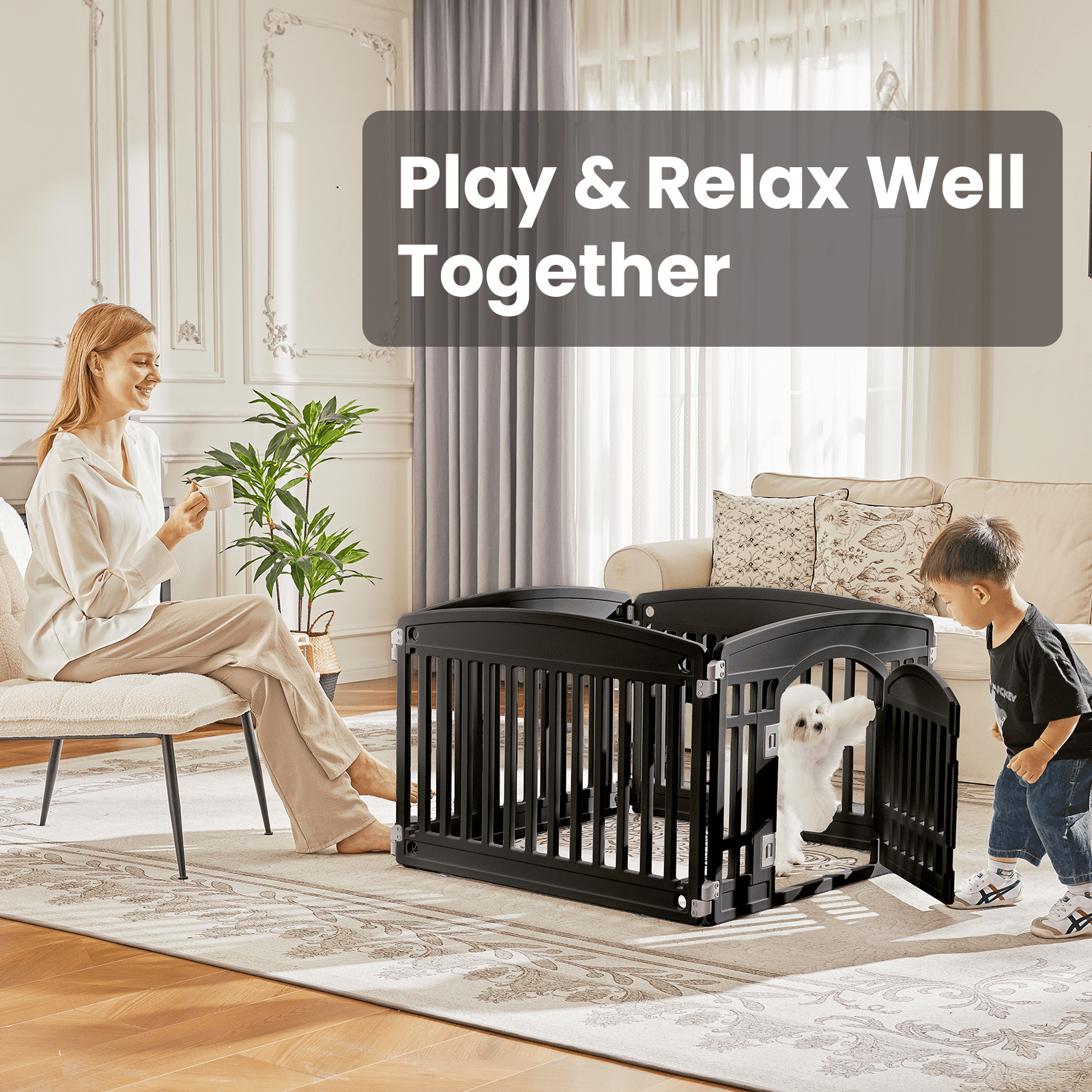 Euqvunn Plastic Dog Playpen, 24" 4-Panel Pet Pen with Door, Folding & Portable, Easy to Clean, for Small to Medium Dogs, for Indoor & Outdoor, Black