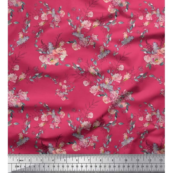 Soimoi Pink Rayon Fabric Roses & Ranunculus Floral Fabric Prints By Yard 58 Inch Wide