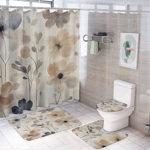 Shower Curtain Sets with Rugs 4 Piece Brown Gray Cream Colored Watercolor Flower Bath Mat U-Shaped Floor Mat Toilet Lid Oval Rug Vintage Floral Leaves Bathroom Decor Sets for Bathtub Decor