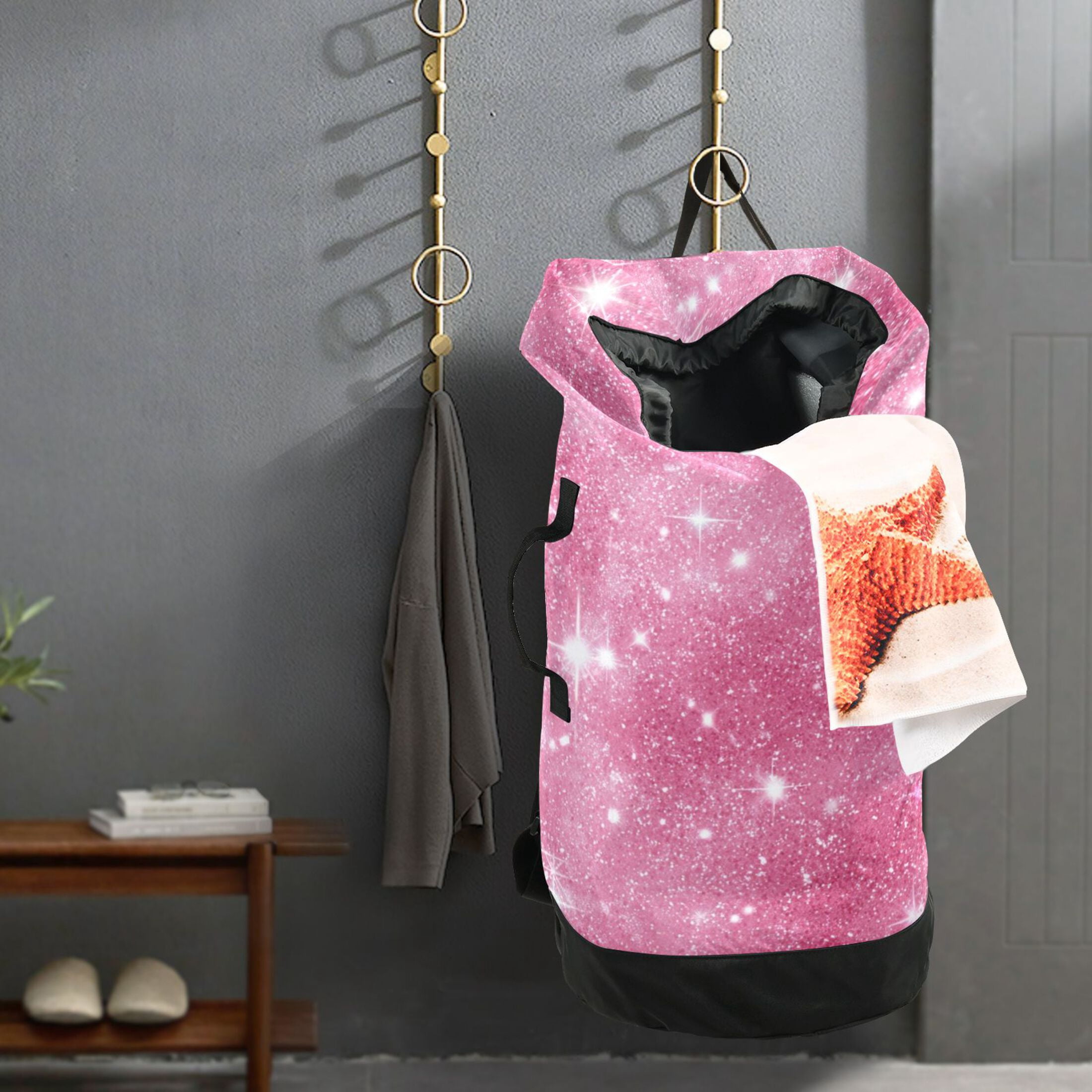 14.5x29.3in Laundry Backpack Bag with Drawstring & Adjustable Straps Heavy-Duty Wash Bag for Travel Storage Camping Pink Glitter Background