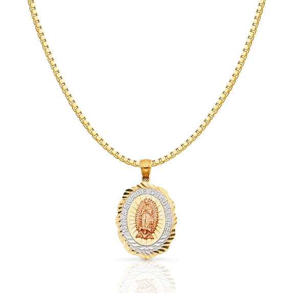 14K Tri Color Gold Religious Our Lady of Guadalupe Charm Pendant with 1.2mm Box Chain Necklace - 18"