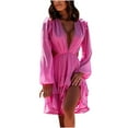 thumbnail image 1 of asdoklhq Clearance Under $3.00,Women's Bohemian Chiffon V-neck Backless Elasty Long Sleeve Solid Mini Length Dress, 1 of 9