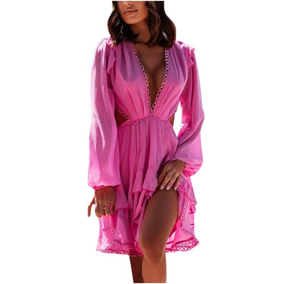asdoklhq Clearance Under $3.00,Women's Bohemian Chiffon V-neck Backless Elasty Long Sleeve Solid Mini Length Dress