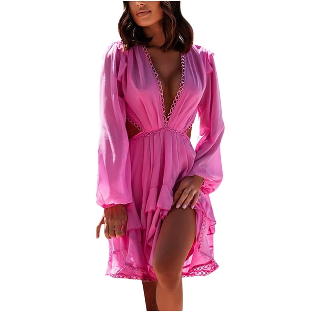 Vestido de Manga Larga Con Cuello en V Para Mujer Vestido de Una Línea Cintura Ahuecada Vestido de Gasa Vestido Bohemio de Gasa Sin Espalda Elasty Sólido Mini Vestido de Longitud Odeerbi ODB112815