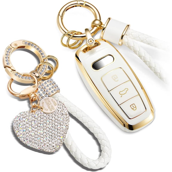 Key Fob Cover Compatible with Fit for Audi A3 A6-A8 E-Tron S3 RS6-7 SQ7-8, Bling Heart Shape Decorations, Soft Key Case Key Fob Shell, Gold Edge Keyless Remote Shell Keychain Case Holder Protector,1