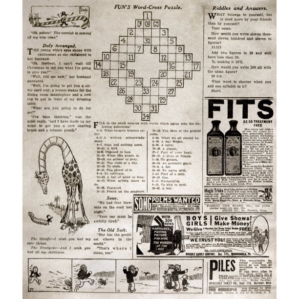 Crossword Puzzle, 1913. /Npage From The 'Fun' Supplement Of The Sunday  Edition Of The New York 'World,' 21 December 1913, Featuring The