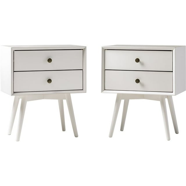 Mid Century Modern 2-Piece Solid Wood Bedroom Nightstand Set in White