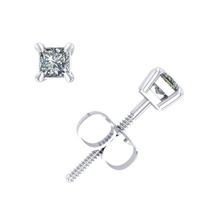 0.25Ct Princess Cut Diamond Basket Stud Earrings 14k White Gold Prong Set K I2