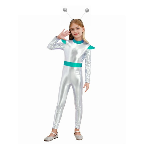 Alvivi Kids Girl's Astronaut Alien Cosplay Shiny Glitter Holographic Jumpsuit with Hair Hoop Silver 10