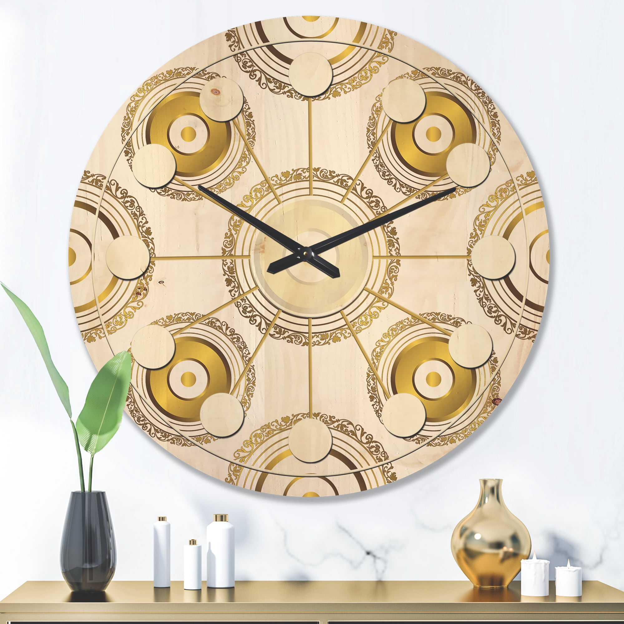 Designart 'Circular Golden Retro Pattern I ' Mid-Century Modern Wood Wall Clock